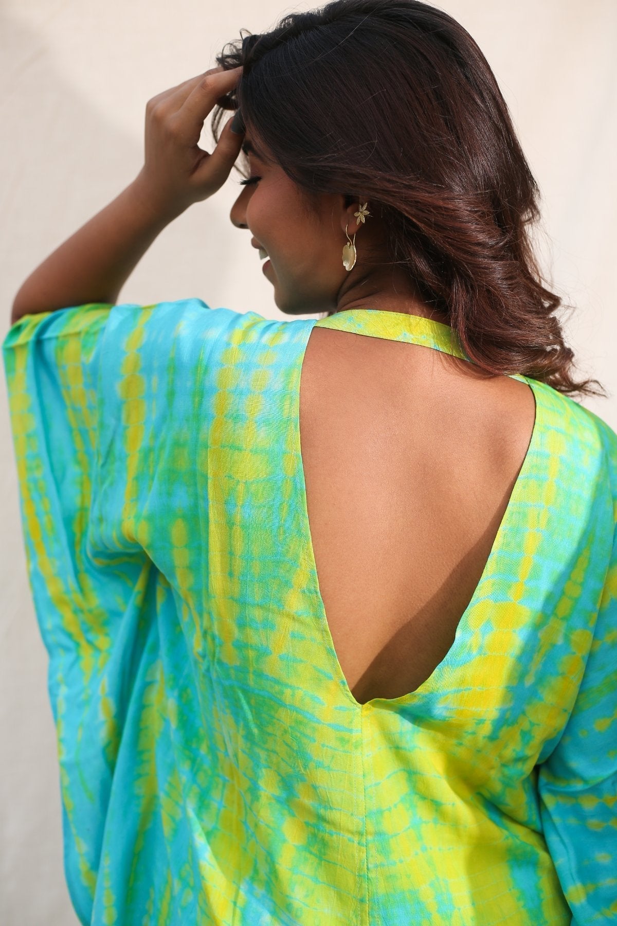 Turquoise And Lime Green Kaftan by Keva with Blue, Day Dream, Green, Kaftan Dresses, Kaftans, Mini Dresses, Natural, Rayon, Relaxed Fit, Resort Wear, Tie & Dye, Tops, Womenswear at Kamakhyaa for sustainable fashion