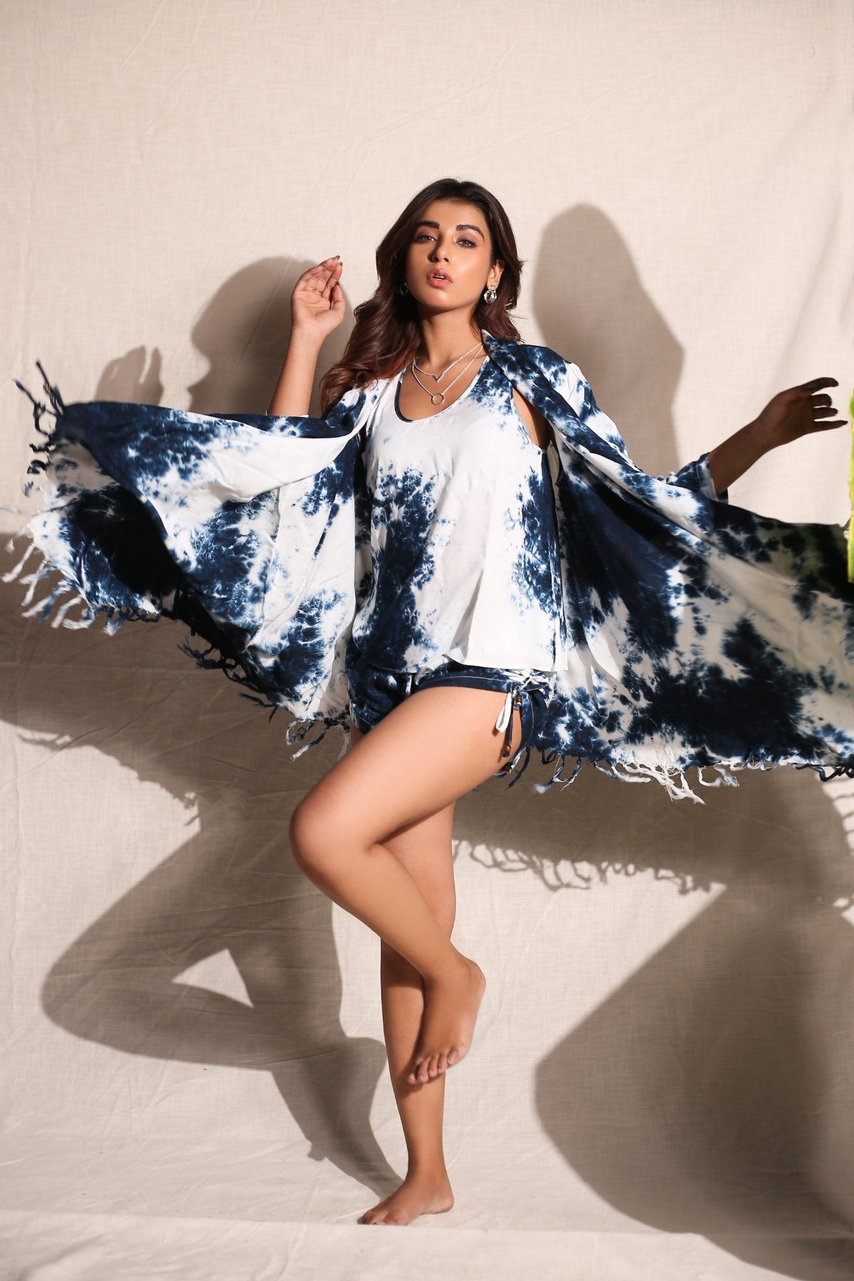 Short, Top And Cape Set of Three by Keva with Black, Co-ord Sets, Day Dream, Lounge Wear Co-ords, Natural, Rayon, Relaxed Fit, Resort Wear, Short Sets, Tie & Dye, Vacation Co-ords, White, Womenswear at Kamakhyaa for sustainable fashion