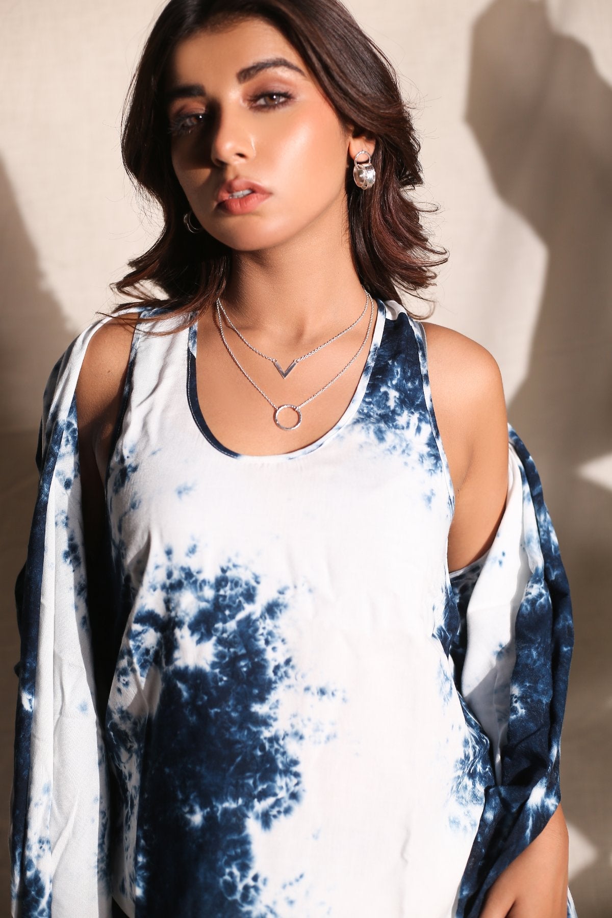 Short, Top And Cape Set of Three by Keva with Black, Co-ord Sets, Day Dream, Lounge Wear Co-ords, Natural, Rayon, Relaxed Fit, Resort Wear, Short Sets, Tie & Dye, Vacation Co-ords, White, Womenswear at Kamakhyaa for sustainable fashion