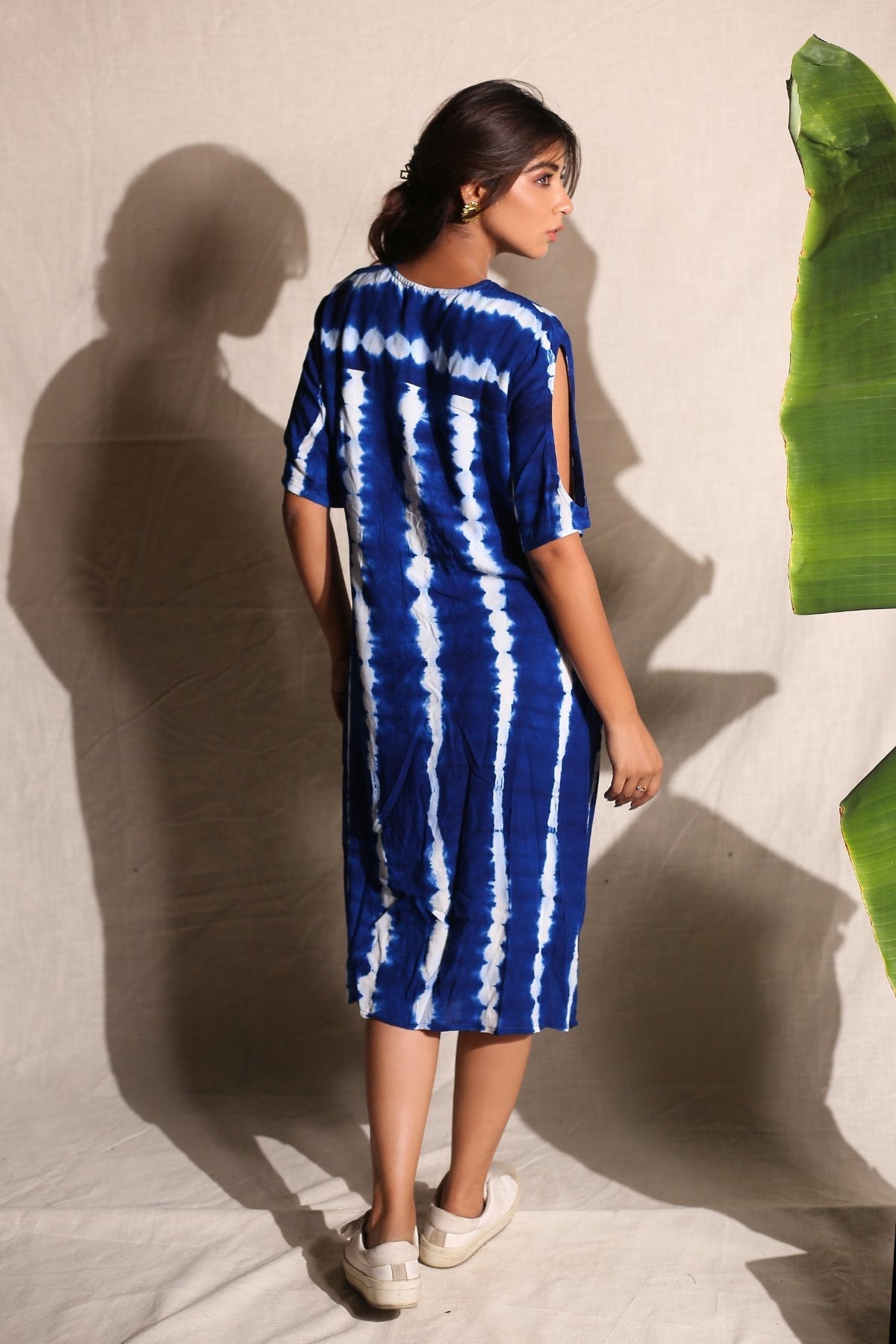 Electric Blue Knee Length Dress by Keva with Blue, Day Dream, Midi Dresses, Natural, Relaxed Fit, Resort Wear, Shirt Dresses, Tie & Dye, Womenswear at Kamakhyaa for sustainable fashion