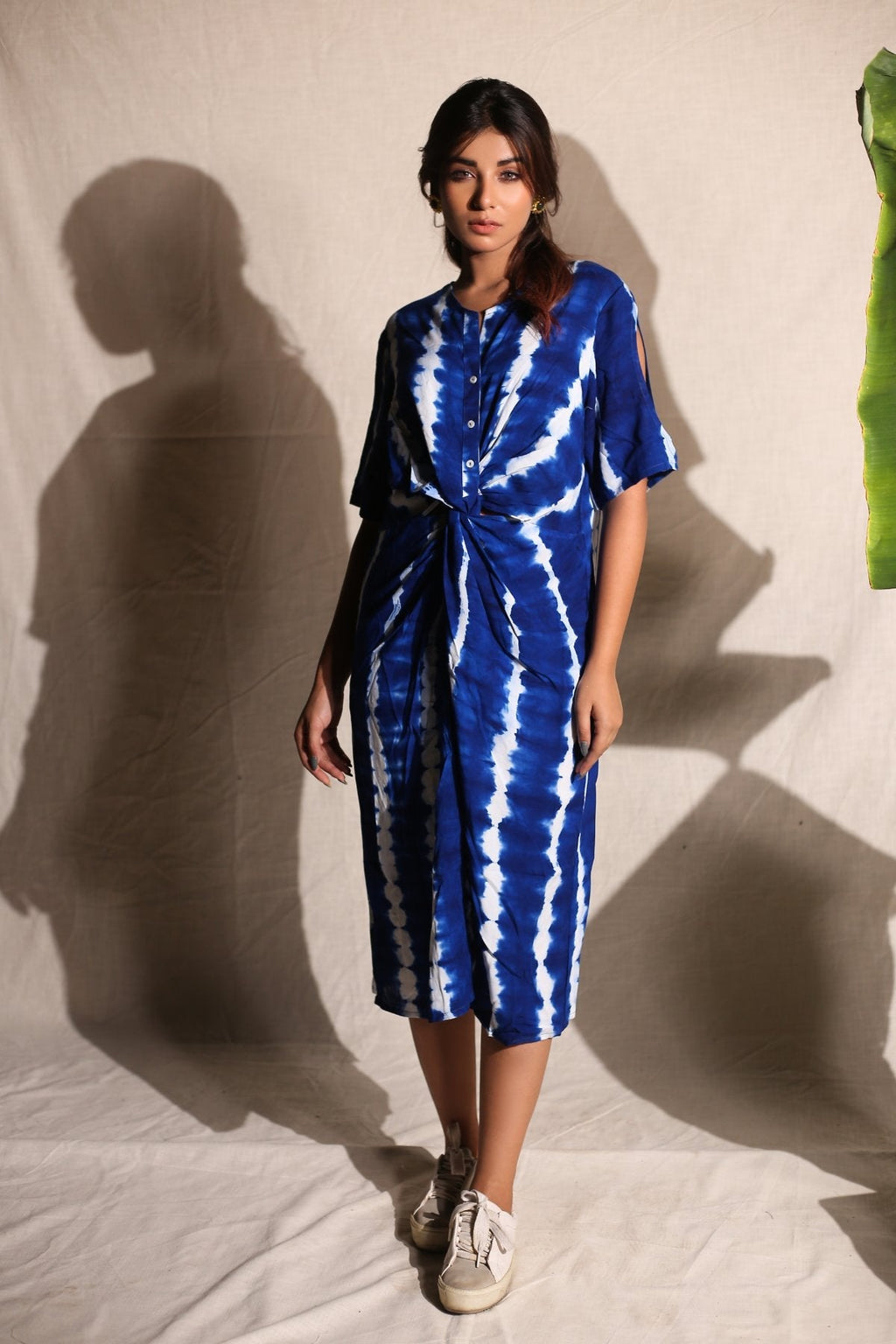 Electric Blue Knee Length Dress by Keva with Blue, Day Dream, Midi Dresses, Natural, Relaxed Fit, Resort Wear, Shirt Dresses, Tie & Dye, Womenswear at Kamakhyaa for sustainable fashion