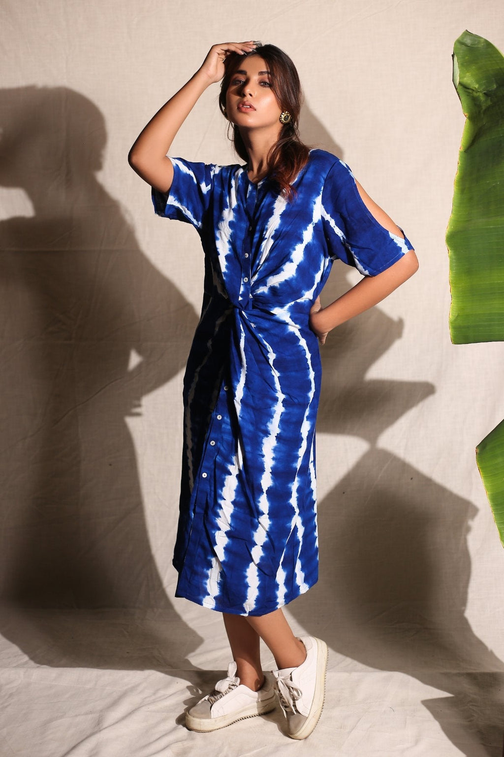 Electric Blue Knee Length Dress by Keva with Blue, Day Dream, Midi Dresses, Natural, Relaxed Fit, Resort Wear, Shirt Dresses, Tie & Dye, Womenswear at Kamakhyaa for sustainable fashion