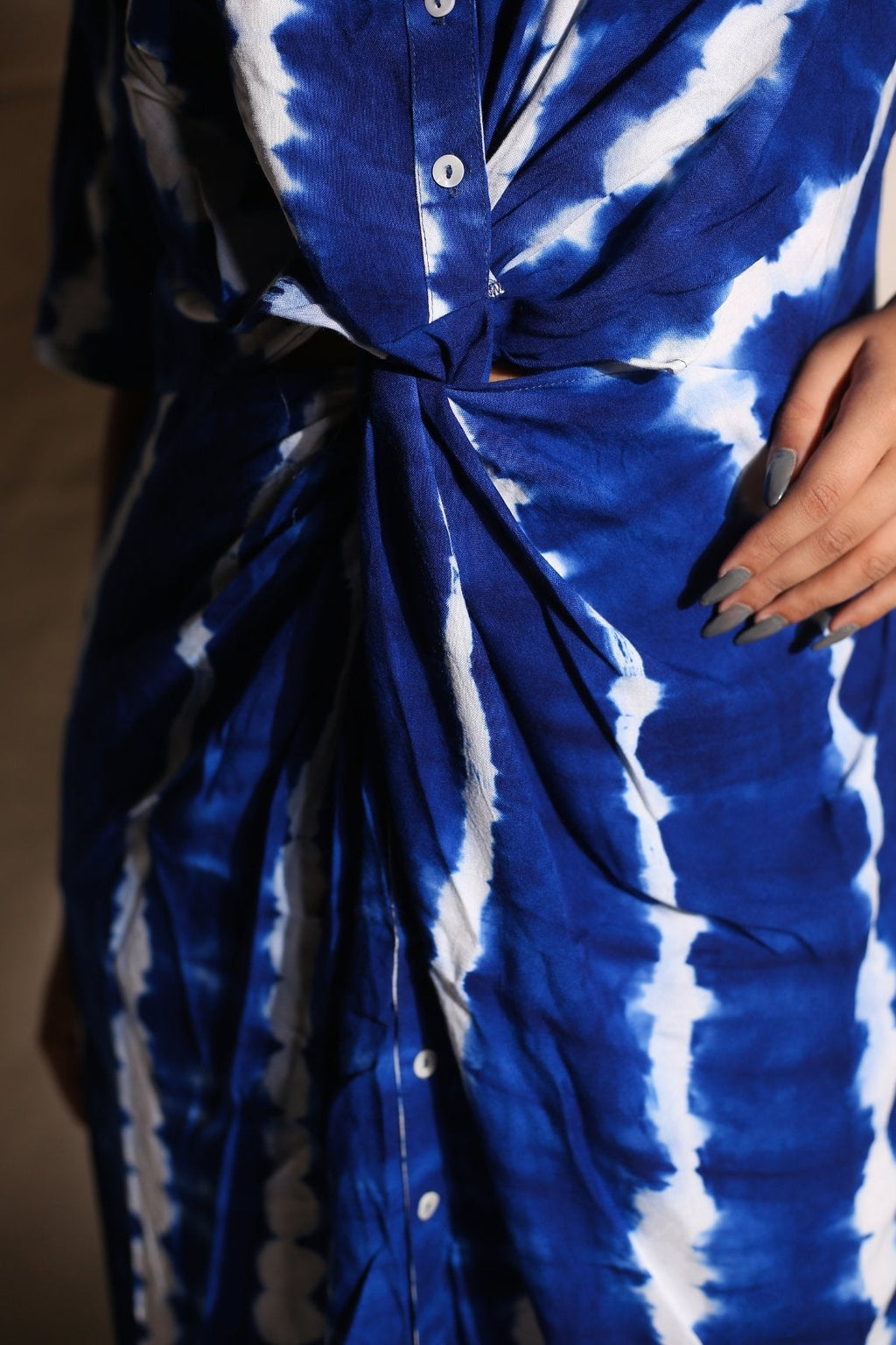 Electric Blue Knee Length Dress by Keva with Blue, Day Dream, Midi Dresses, Natural, Relaxed Fit, Resort Wear, Shirt Dresses, Tie & Dye, Womenswear at Kamakhyaa for sustainable fashion