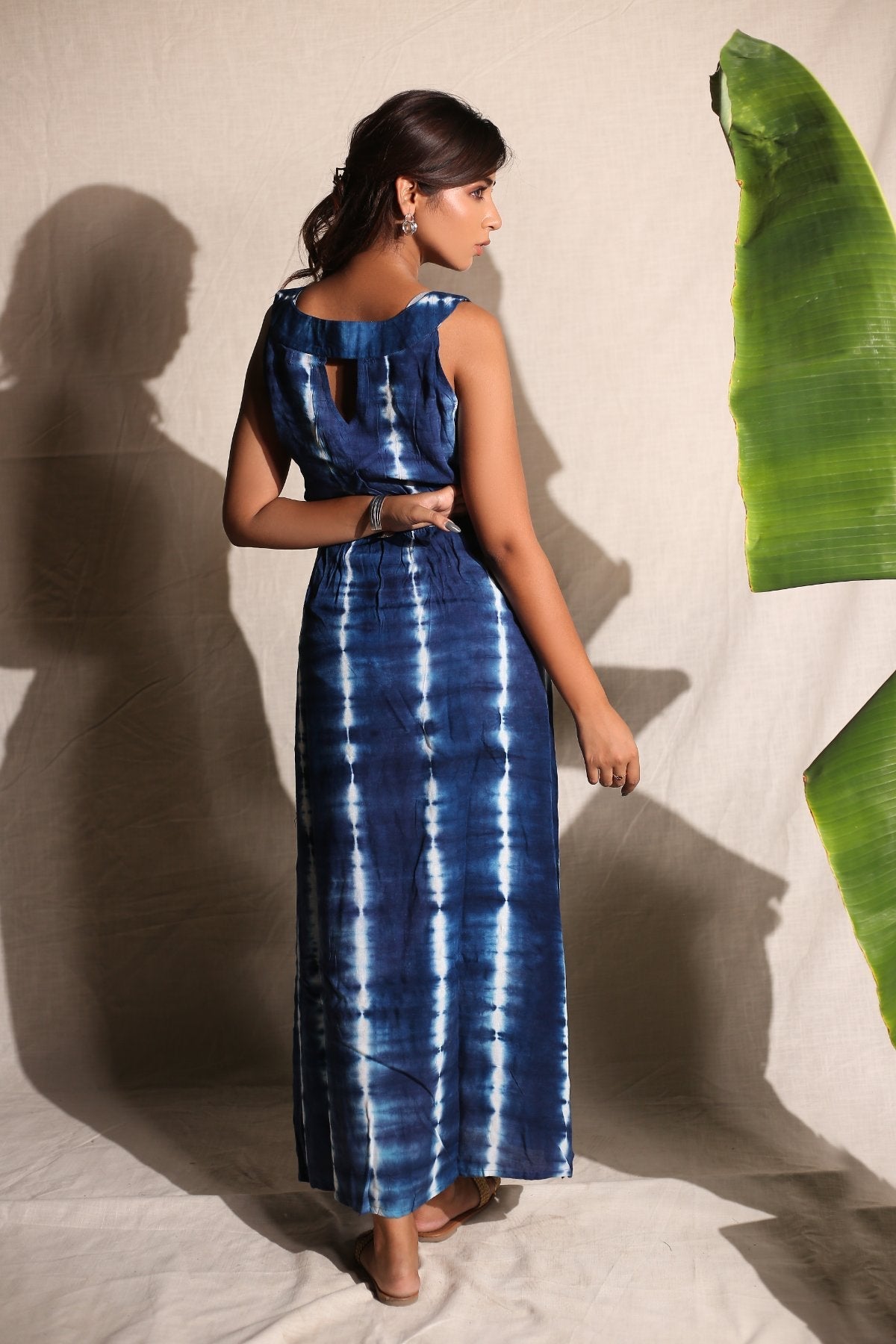 Blue Long Dress by Keva with Blue, Day Dream, Maxi Dresses, Natural, Printed Selfsame, Rayon, Relaxed Fit, Resort Wear, Sleeveless Dresses, Tie & Dye, Womenswear at Kamakhyaa for sustainable fashion