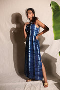 Blue Long Dress by Keva with Blue, Day Dream, Maxi Dresses, Natural, Printed Selfsame, Rayon, Relaxed Fit, Resort Wear, Sleeveless Dresses, Tie & Dye, Womenswear at Kamakhyaa for sustainable fashion