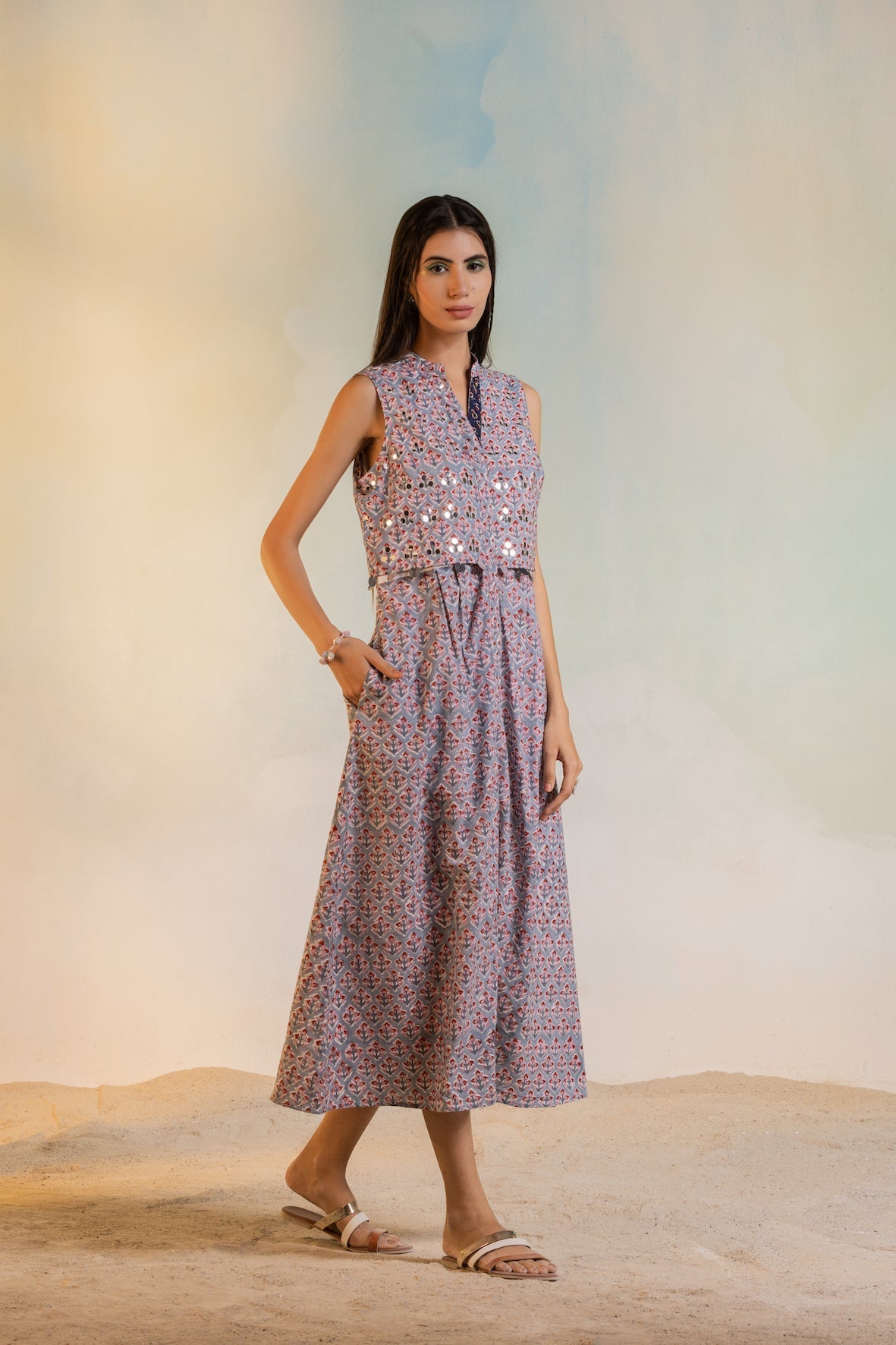 Grey Block Print Midi Dress by Charkhee with Casual Wear, Cotton, Escape by Charkhee, Grey, Midi Dresses, Mirror Work, Natural, Prints, Regular Fit, Sleeveless Dresses, Womenswear at Kamakhyaa for sustainable fashion