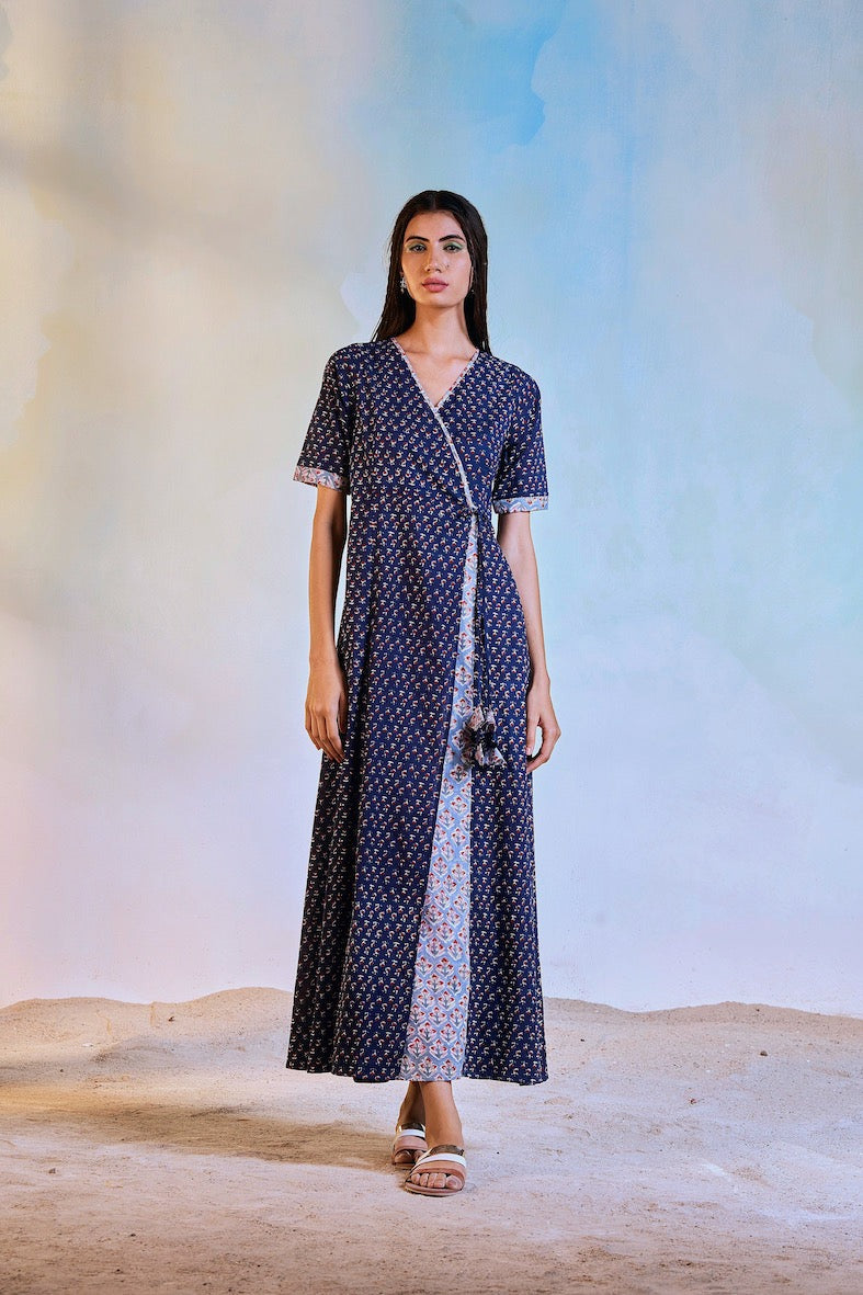 Wrap Cotton Dress by Charkhee with Best Selling, Blue, Casual Wear, Cotton, Escape by Charkhee, Natural, Prints, Regular Fit, Womenswear, Wrap Dresses at Kamakhyaa for sustainable fashion