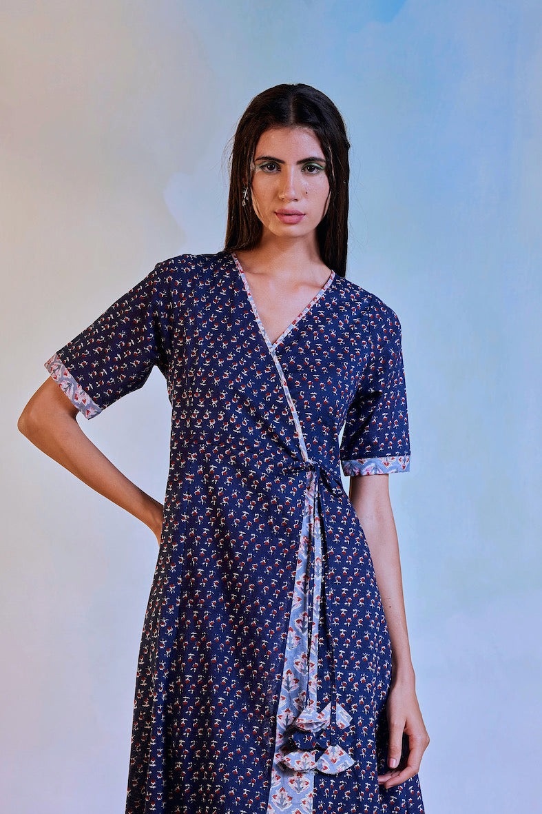 Wrap Cotton Dress by Charkhee with Best Selling, Blue, Casual Wear, Cotton, Escape by Charkhee, Natural, Prints, Regular Fit, Womenswear, Wrap Dresses at Kamakhyaa for sustainable fashion