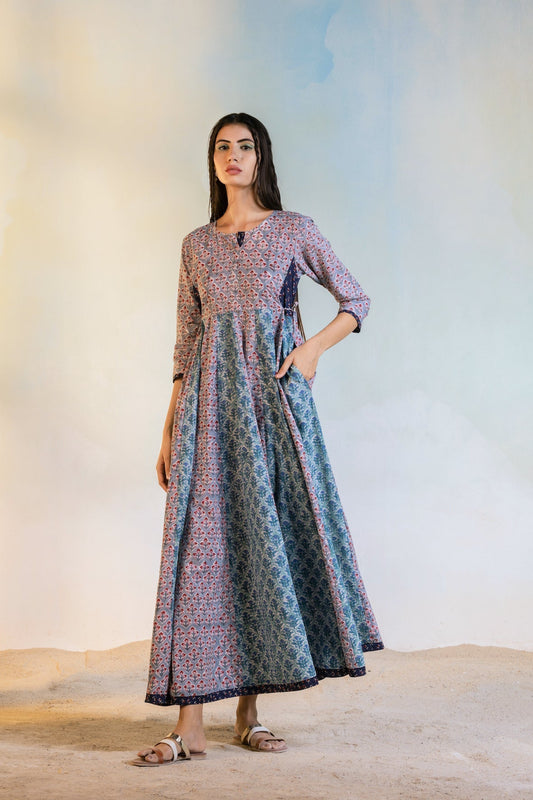 Anarkali Dress by Charkhee with Best Selling, Casual Wear, Cotton, Escape by Charkhee, For Daughter, Grey, Maxi Dresses, Natural, Prints, Regular Fit, Resort Wear, Womenswear at Kamakhyaa for sustainable fashion