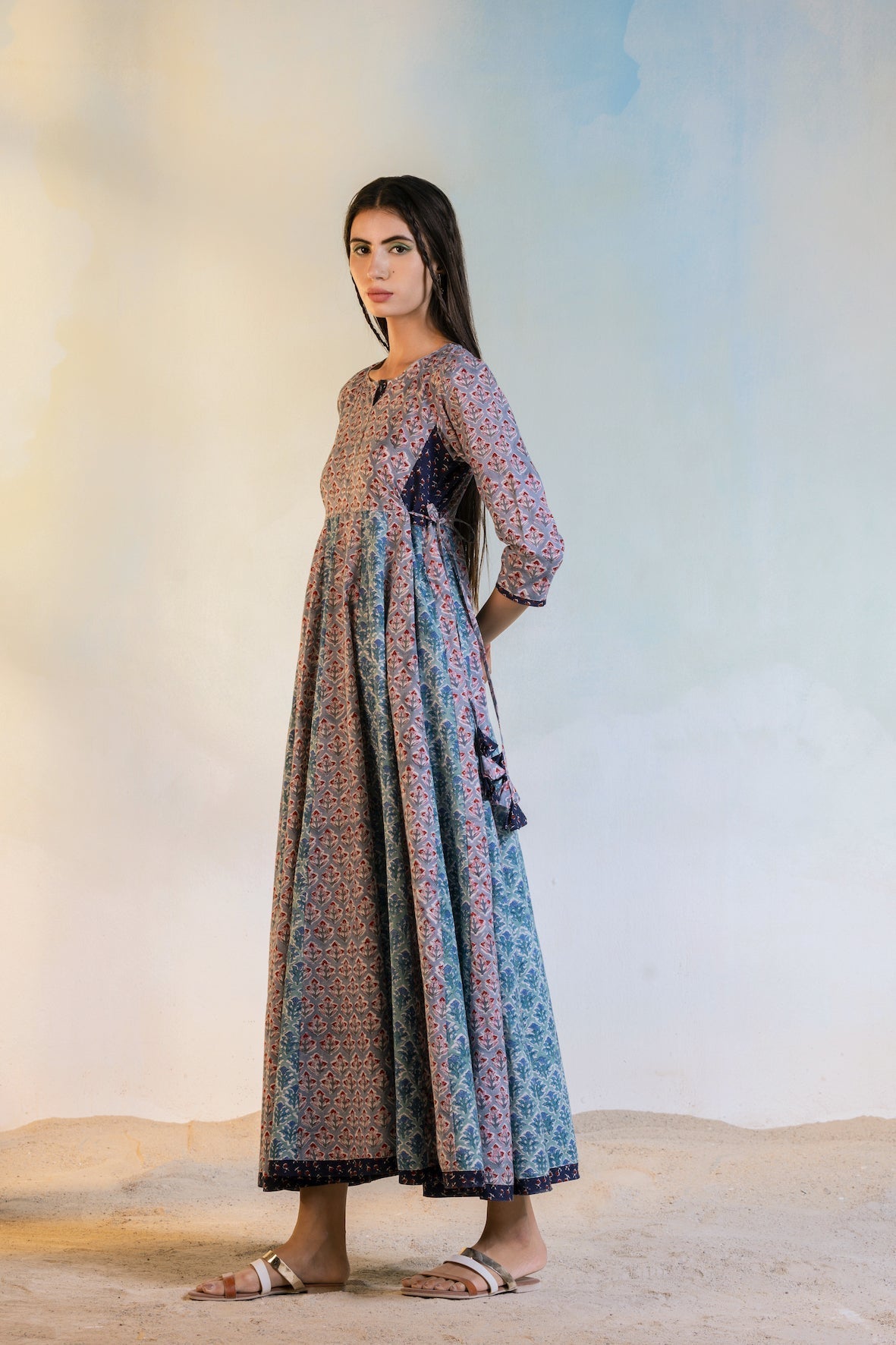 Anarkali Dress by Charkhee with Best Selling, Casual Wear, Cotton, Escape by Charkhee, For Daughter, Grey, Maxi Dresses, Natural, Prints, Regular Fit, Resort Wear, Womenswear at Kamakhyaa for sustainable fashion