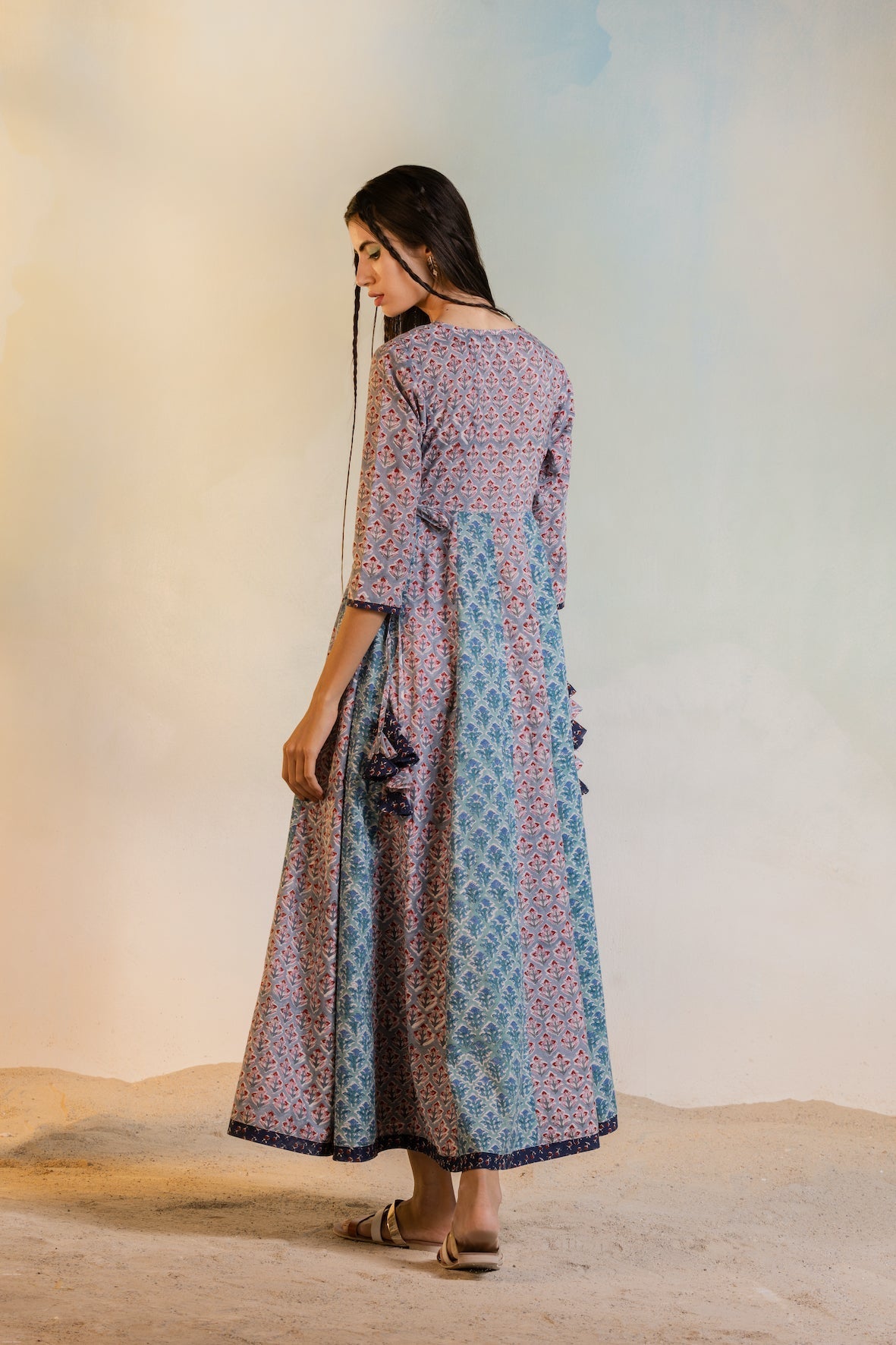 Anarkali Dress Dresses 100 % Cotton, Grey, Midi Dresses, Natural, Prints, Regular Fit Charkhee Kamakhyaa