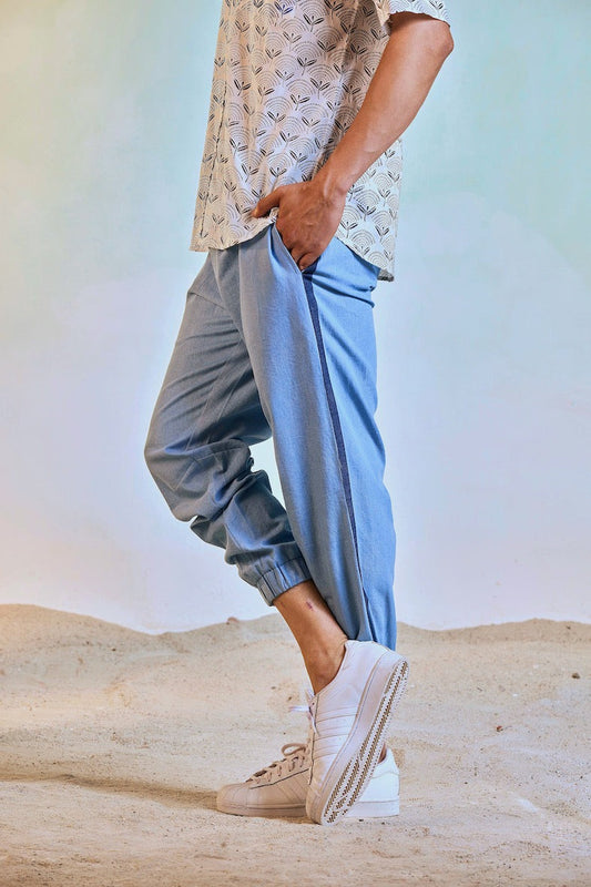 Soft Denim Jogger by Charkhee with Blue, Bottoms, Casual Wear, Cotton, Escape by Charkhee, For Him, Joggers, Mens Bottom, Menswear, Natural, Regular Fit, Solids at Kamakhyaa for sustainable fashion