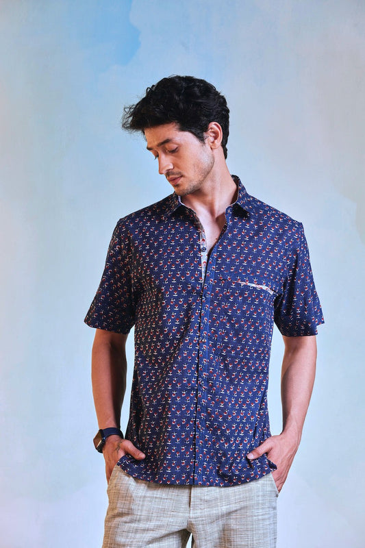 Block Print Shirt by Charkhee with Blue, Casual Wear, Cotton, Escape by Charkhee, For Anniversary, For Him, Menswear, Natural, Prints, Regular Fit, Selfsame, Shirts, Tops at Kamakhyaa for sustainable fashion
