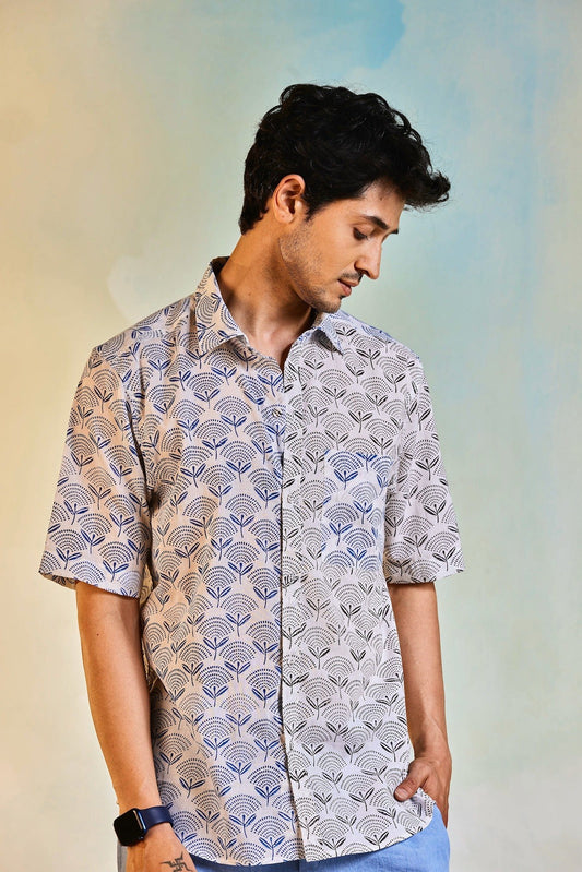 Block Print Shirt by Charkhee with Casual Wear, Cotton, Escape by Charkhee, For Him, Menswear, Natural, Prints, Regular Fit, Selfsame, Shirts, Tops, White at Kamakhyaa for sustainable fashion