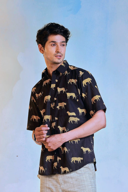 Block Print Shirt by Charkhee with Black, Casual Wear, Cotton, Escape by Charkhee, For Him, Menswear, Natural, Prints, Regular Fit, Shirts, Tops at Kamakhyaa for sustainable fashion