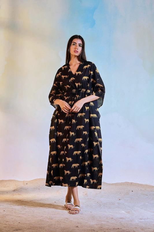 Block Print Kaftaan by Charkhee with Black, Casual Wear, Cotton, Escape by Charkhee, Kaftans, Midi Dresses, Natural, Prints, Relaxed Fit, Womenswear at Kamakhyaa for sustainable fashion
