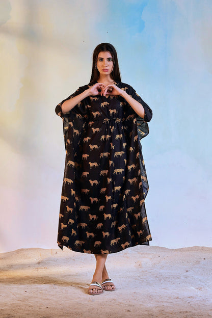 Block Print Kaftaan by Charkhee with Black, Casual Wear, Cotton, Escape by Charkhee, Kaftans, Midi Dresses, Natural, Prints, Relaxed Fit, Womenswear at Kamakhyaa for sustainable fashion