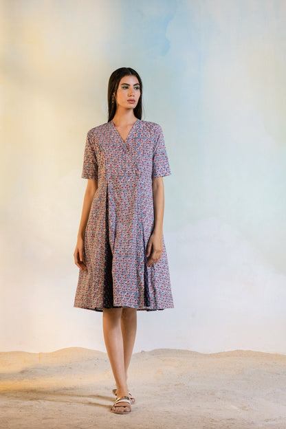 Block Print Short Wrap Dress by Charkhee with Casual Wear, Cotton, Escape by Charkhee, For Daughter, Grey, Natural, Prints, Regular Fit, Resort Wear, Womenswear, Wrap Dresses at Kamakhyaa for sustainable fashion