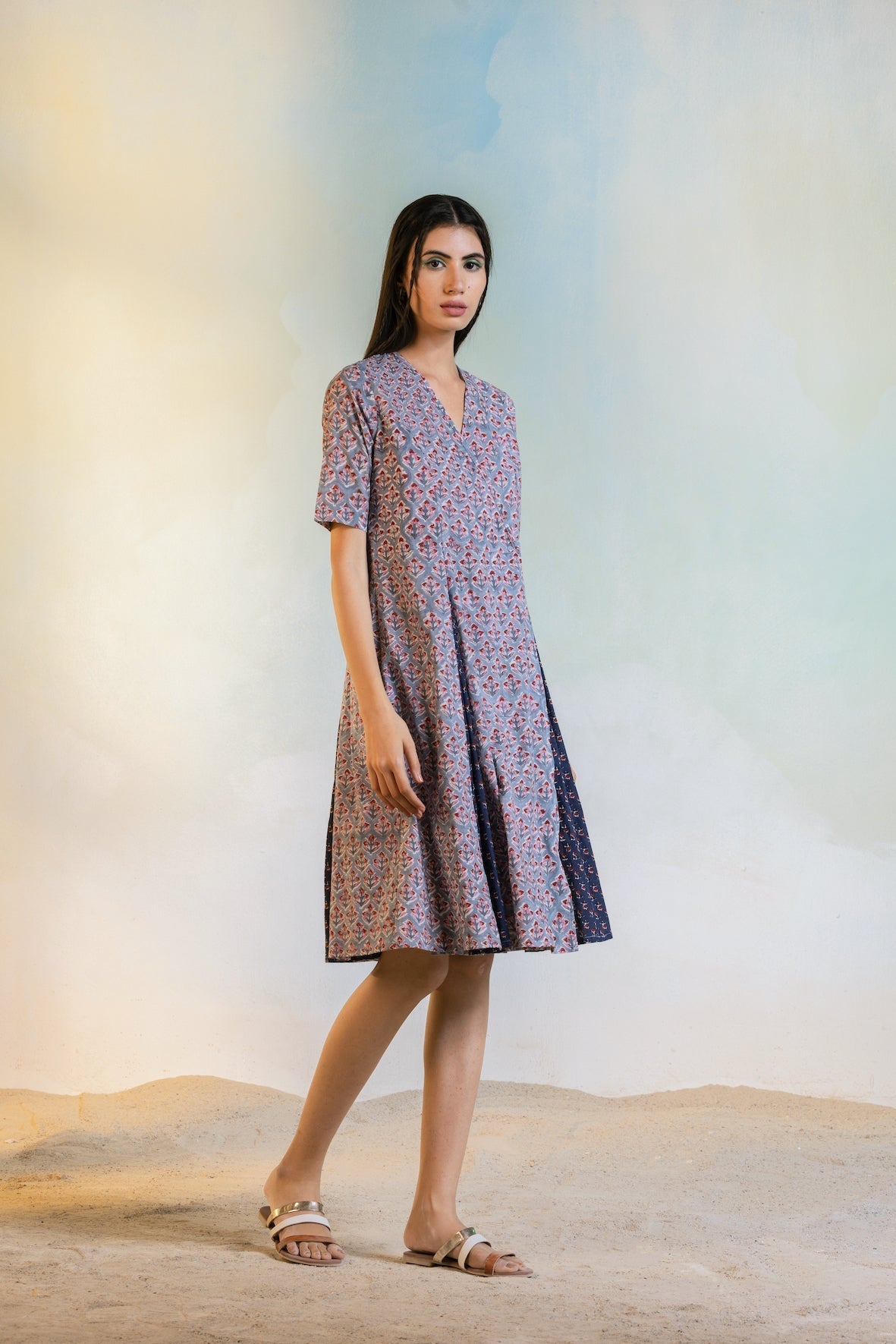 Block Print Short Wrap Dress by Charkhee with Casual Wear, Cotton, Escape by Charkhee, For Daughter, Grey, Natural, Prints, Regular Fit, Resort Wear, Womenswear, Wrap Dresses at Kamakhyaa for sustainable fashion