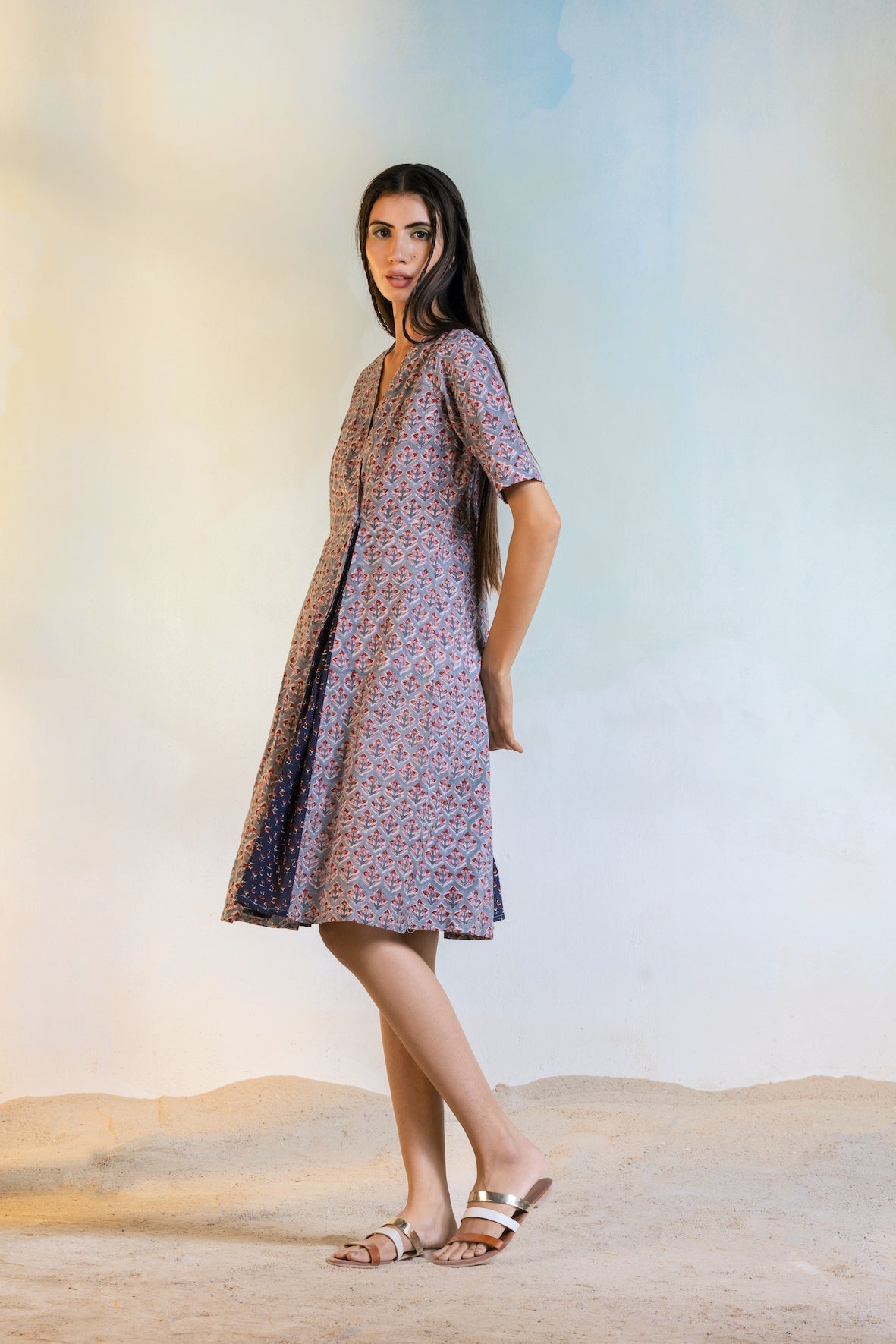 Block Print Short Wrap Dress by Charkhee with Casual Wear, Cotton, Escape by Charkhee, For Daughter, Grey, Natural, Prints, Regular Fit, Resort Wear, Womenswear, Wrap Dresses at Kamakhyaa for sustainable fashion