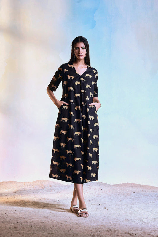 Black Block Print Centre Pleat Dress by Charkhee with Black, Casual Wear, Cotton, Escape by Charkhee, Midi Dresses, Natural, Prints, Regular Fit, Womenswear at Kamakhyaa for sustainable fashion