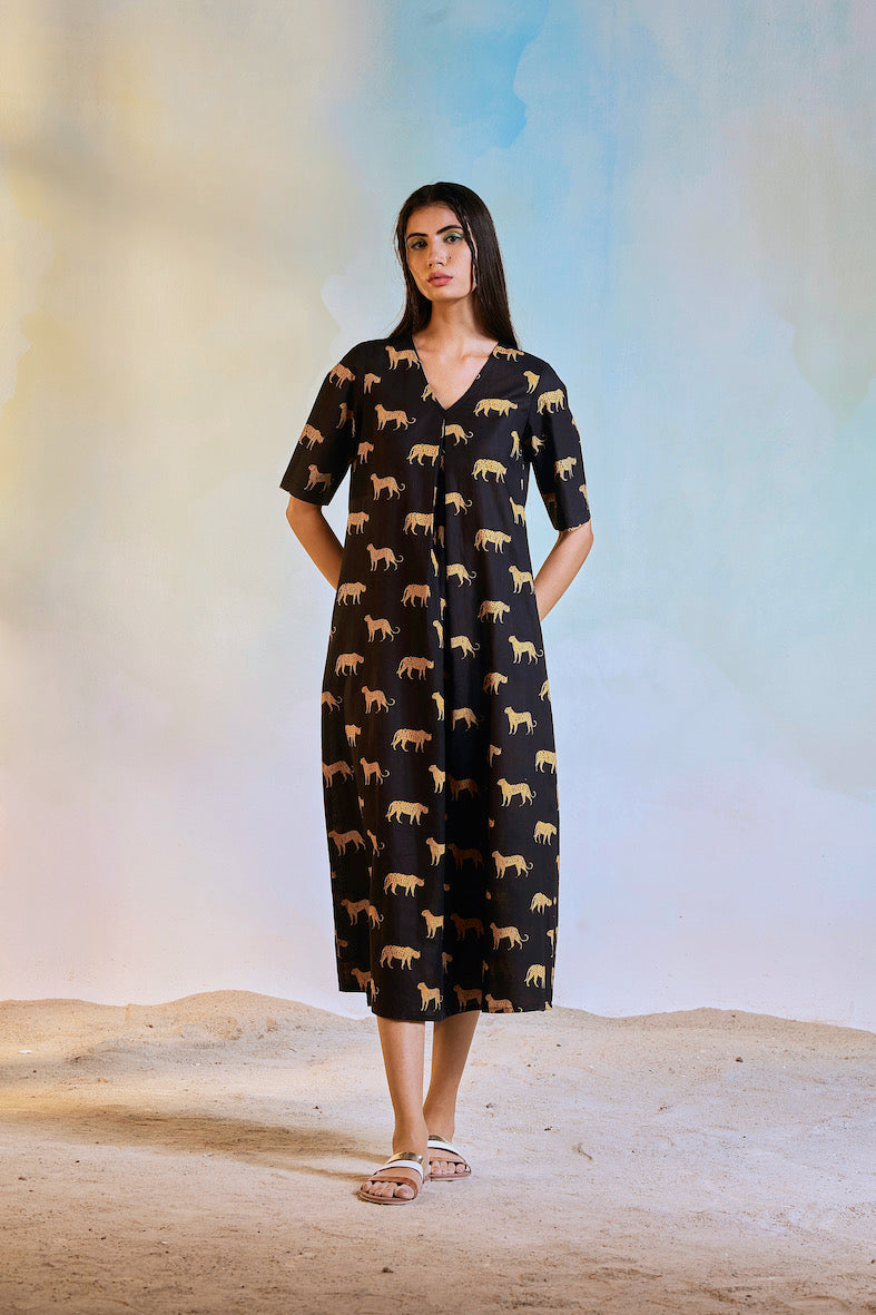 Black Block Print Centre Pleat Dress by Charkhee with Black, Casual Wear, Cotton, Escape by Charkhee, Midi Dresses, Natural, Prints, Regular Fit, Womenswear at Kamakhyaa for sustainable fashion