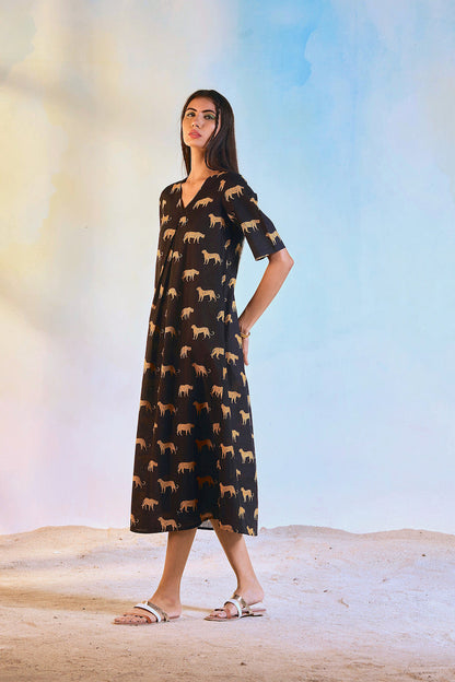 Black Block Print Centre Pleat Dress by Charkhee with Black, Casual Wear, Cotton, Escape by Charkhee, Midi Dresses, Natural, Prints, Regular Fit, Womenswear at Kamakhyaa for sustainable fashion