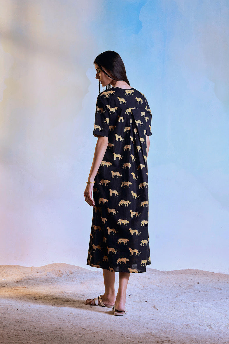 Black Block Print Centre Pleat Dress by Charkhee with Black, Casual Wear, Cotton, Escape by Charkhee, Midi Dresses, Natural, Prints, Regular Fit, Womenswear at Kamakhyaa for sustainable fashion