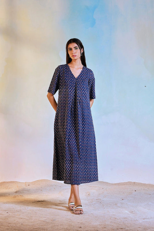 Blue Block Print Centre Pleat Dress by Charkhee with Best Selling, Blue, Casual Wear, Cotton, Escape by Charkhee, Midi Dresses, Natural, Prints, Regular Fit, Womenswear at Kamakhyaa for sustainable fashion