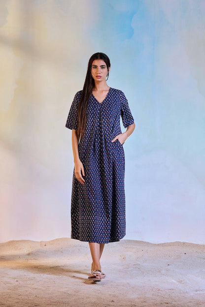 Blue Block Print Centre Pleat Dress by Charkhee with Best Selling, Blue, Casual Wear, Cotton, Escape by Charkhee, Midi Dresses, Natural, Prints, Regular Fit, Womenswear at Kamakhyaa for sustainable fashion