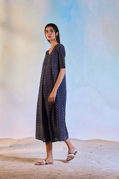 Blue Block Print Centre Pleat Dress by Charkhee with Best Selling, Blue, Casual Wear, Cotton, Escape by Charkhee, Midi Dresses, Natural, Prints, Regular Fit, Womenswear at Kamakhyaa for sustainable fashion