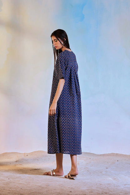 Blue Block Print Centre Pleat Dress by Charkhee with Best Selling, Blue, Casual Wear, Cotton, Escape by Charkhee, Midi Dresses, Natural, Prints, Regular Fit, Womenswear at Kamakhyaa for sustainable fashion