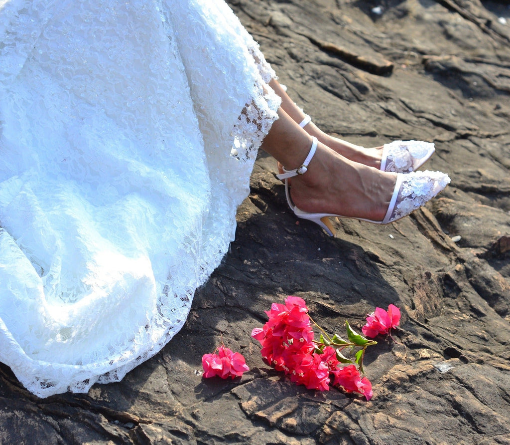 Heels-White by Sole Stories with Ankle Loop, Closed Toes, Embellished, Faux leather, Festive Wear, For Bachelorette, Heels, Natural, Recycled, Regular Fit, Wedding Gifts, White at Kamakhyaa for sustainable fashion