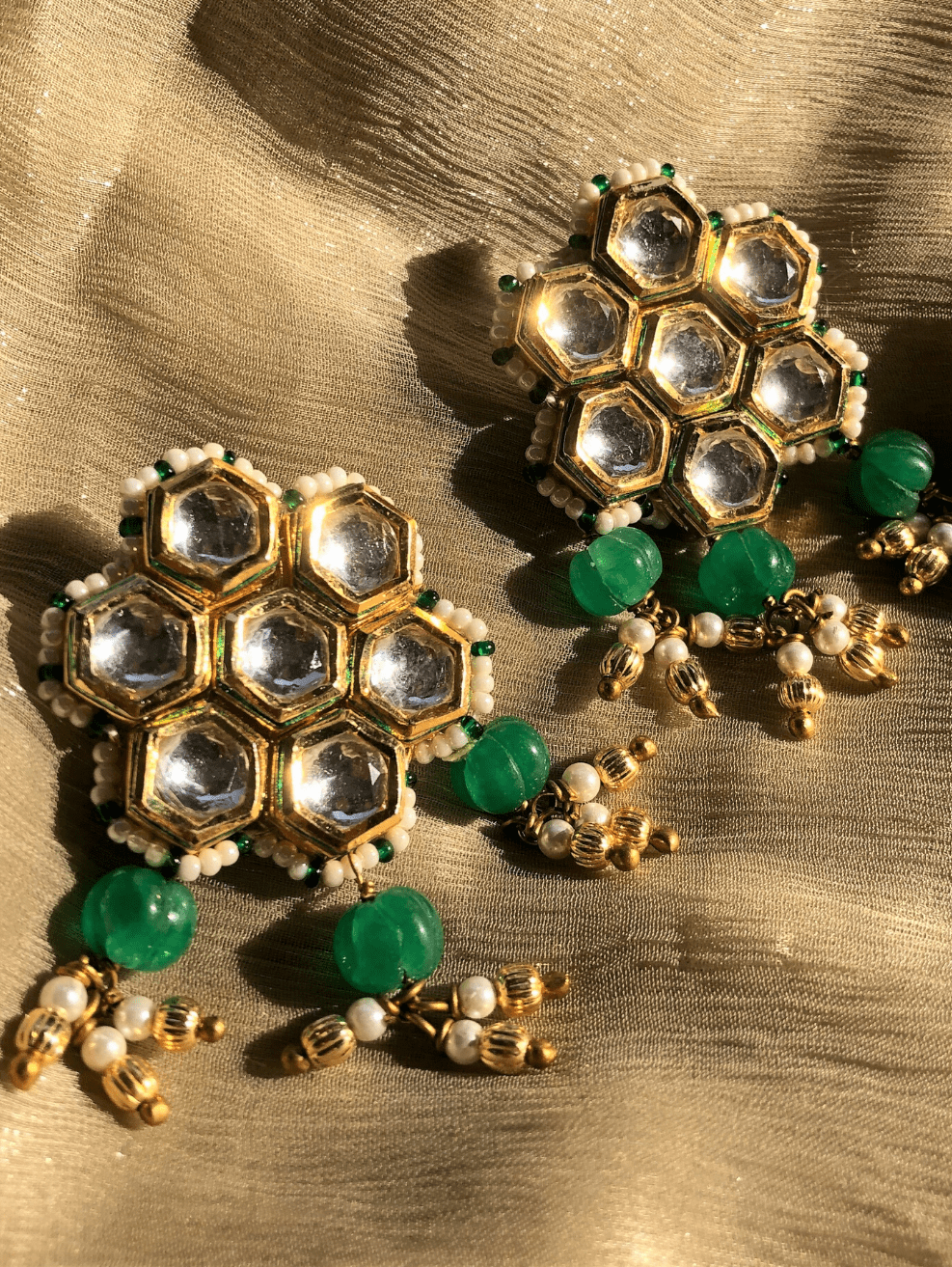 Green Stud Stones by House Of Heer with Alloy Metal, Festive Jewellery, Festive Wear, Free Size, Gemstone, jewelry, July Sale, July Sale 2023, Less than $50, Natural, Pearl, Solids, Stud Earrings, Textured, White at Kamakhyaa for sustainable fashion