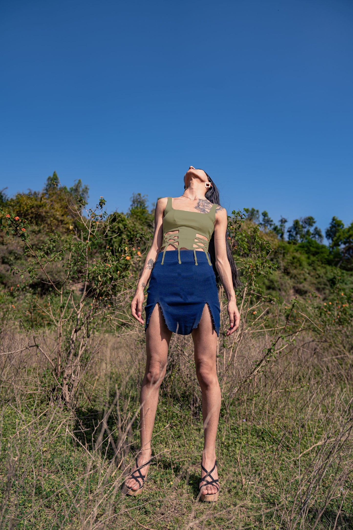 Olive Green Solid Sleeveless Top by Meko Studio with Cotton, Deadstock Fabrics, Fusion Wear, July Sale, July Sale 2023, Olive Green, Sleeveless Tops, Slim Fit, Solids, Spaghettis, Tops, Verao by Meko Studio, Verao SS-22/23, Womenswear at Kamakhyaa for sustainable fashion