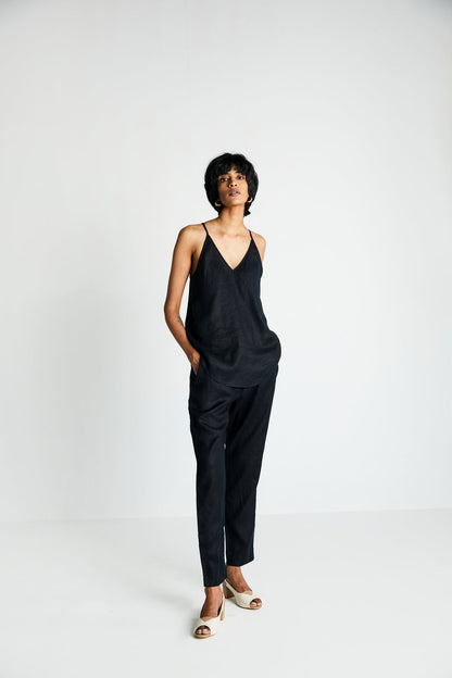 Black Endless Sunday Top by Reistor with Black, Hemp, Hemp Noir by Reistor, Less than $50, Natural, Office Wear, Regular Fit, Solid Selfmade, Solids, Spaghettis, Tops, Womenswear at Kamakhyaa for sustainable fashion