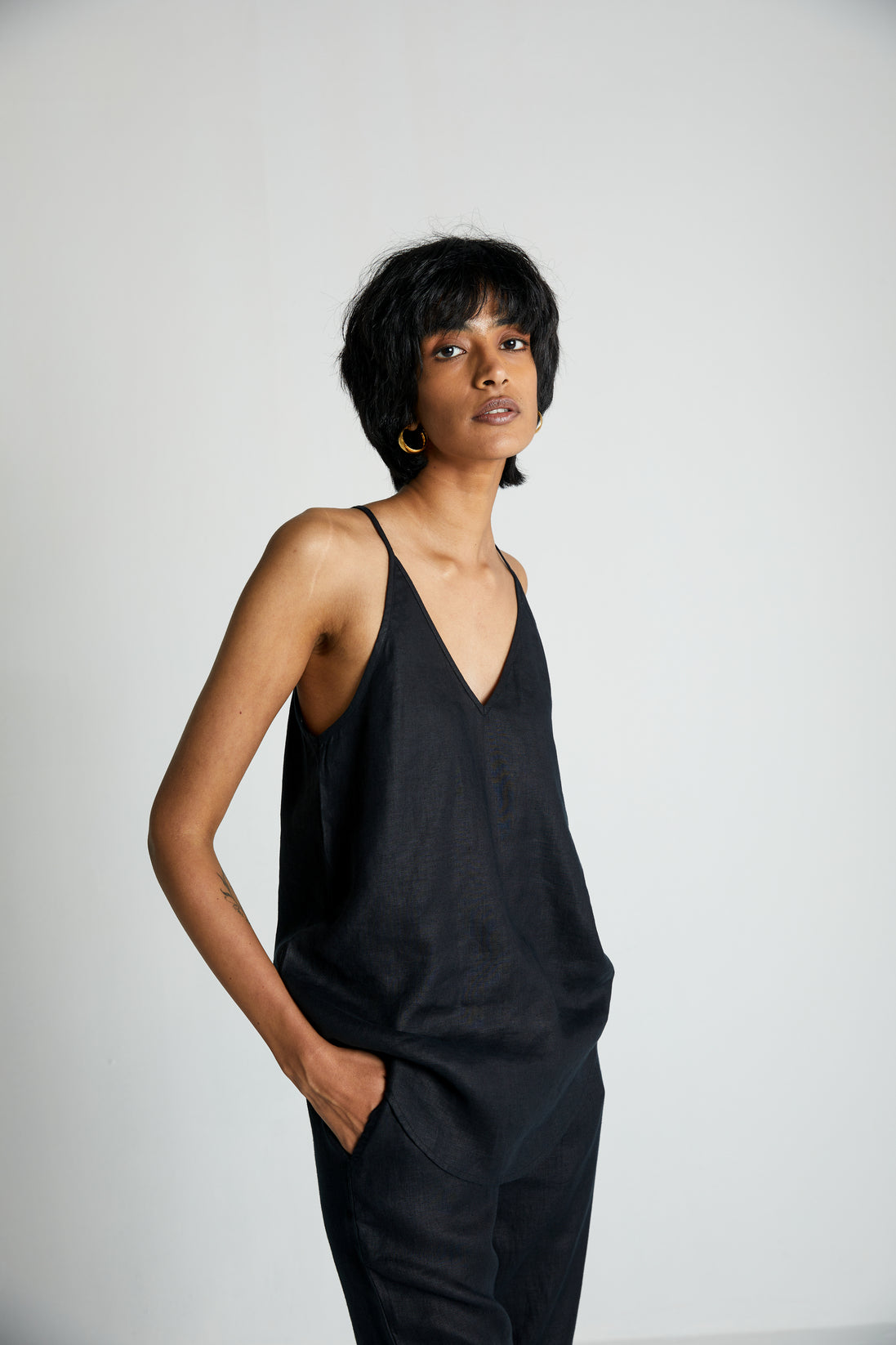 Black Endless Sunday Top by Reistor with Black, Hemp, Hemp Noir by Reistor, Less than $50, Natural, Office Wear, Regular Fit, Solid Selfmade, Solids, Spaghettis, Tops, Womenswear at Kamakhyaa for sustainable fashion