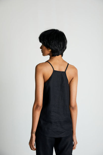 Black Endless Sunday Top by Reistor with Black, Hemp, Hemp Noir by Reistor, Less than $50, Natural, Office Wear, Regular Fit, Solid Selfmade, Solids, Spaghettis, Tops, Womenswear at Kamakhyaa for sustainable fashion