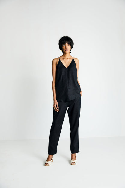 Black Endless Sunday Top by Reistor with Black, Hemp, Hemp Noir by Reistor, Less than $50, Natural, Office Wear, Regular Fit, Solid Selfmade, Solids, Spaghettis, Tops, Womenswear at Kamakhyaa for sustainable fashion