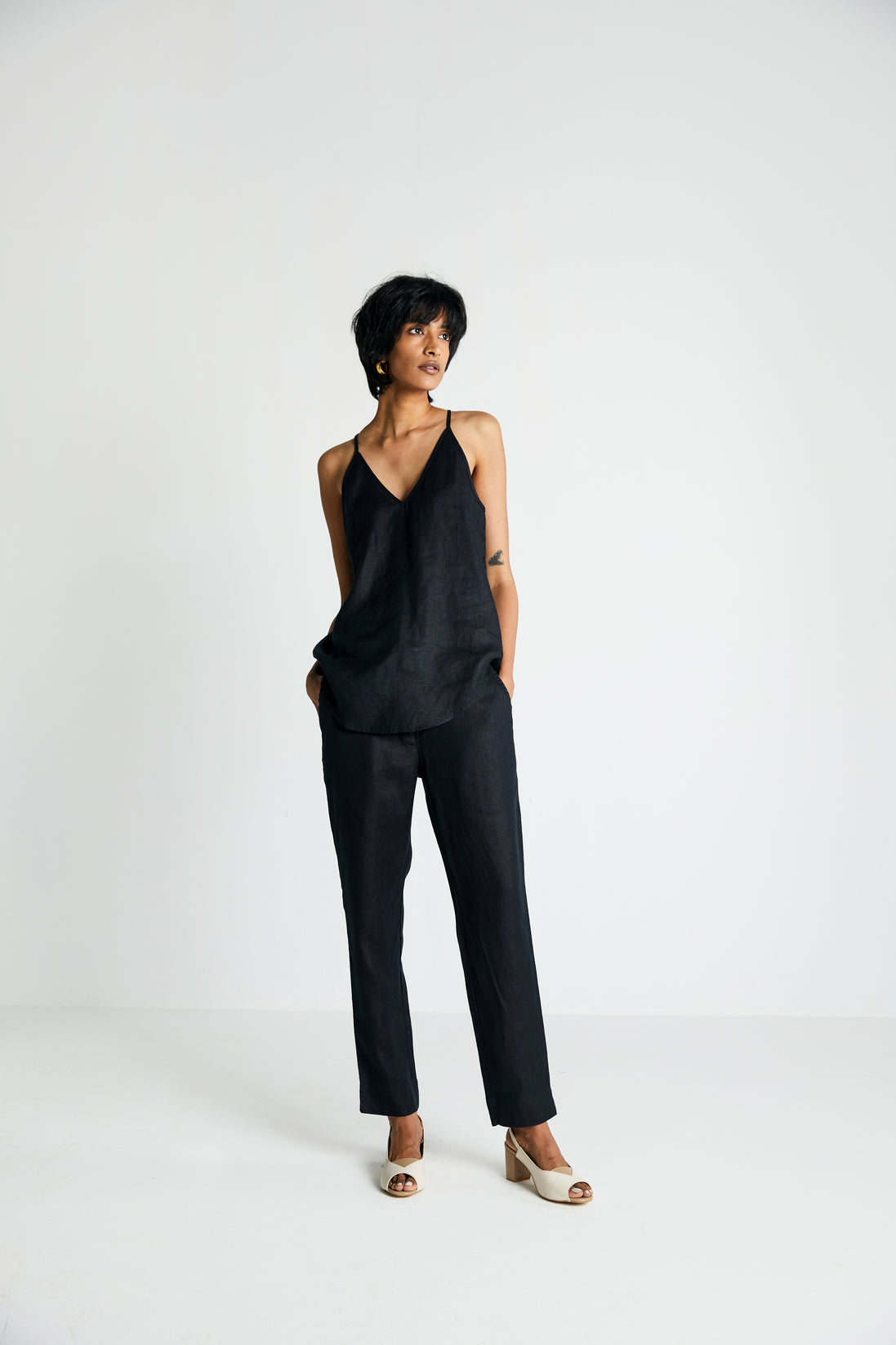 Black Endless Sunday Top by Reistor with Black, Hemp, Hemp Noir by Reistor, Less than $50, Natural, Office Wear, Regular Fit, Solid Selfmade, Solids, Spaghettis, Tops, Womenswear at Kamakhyaa for sustainable fashion