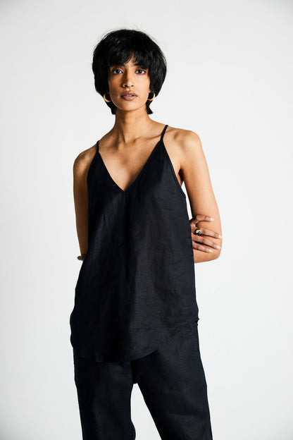 Black Endless Sunday Top by Reistor with Black, Hemp, Hemp Noir by Reistor, Less than $50, Natural, Office Wear, Regular Fit, Solid Selfmade, Solids, Spaghettis, Tops, Womenswear at Kamakhyaa for sustainable fashion