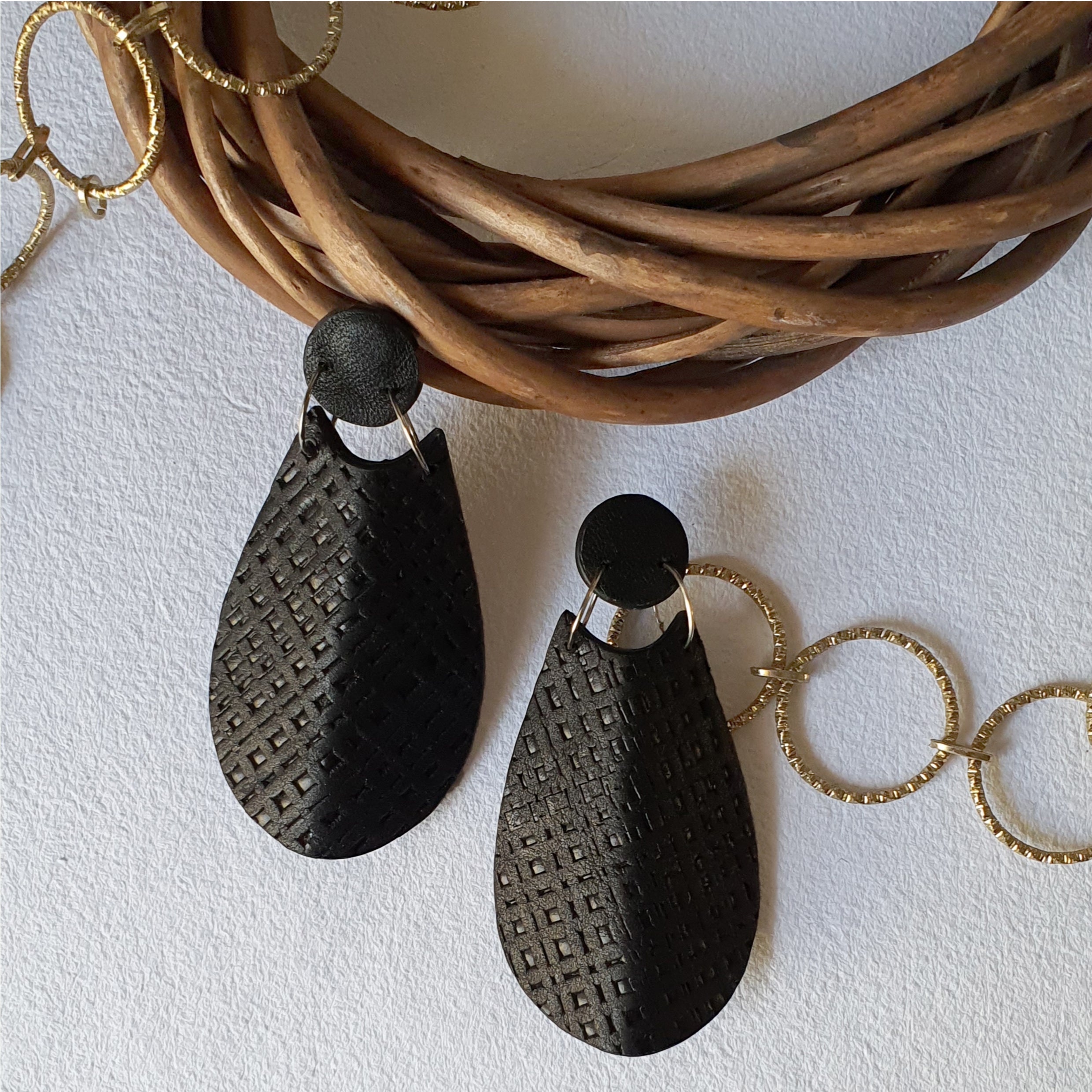 Black Short Earrings Lueur by Noupelle with Black, Fashion Jewellery, Free Size, Less than $50, Party Wear, Products less than $25, Short Earrings, Upcycled, Upcycled from Leather Waste, Women Led Designer at Kamakhyaa for sustainable fashion