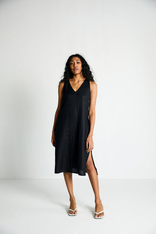 Black The Hemp Noir Dress by Reistor with Best Selling, Black, Dresses, Hemp, Hemp Noir by Reistor, Midi Dresses, Natural, Office Wear, Regular Fit, Sleeveless Dresses, Solid Selfmade, Solids, Womenswear at Kamakhyaa for sustainable fashion