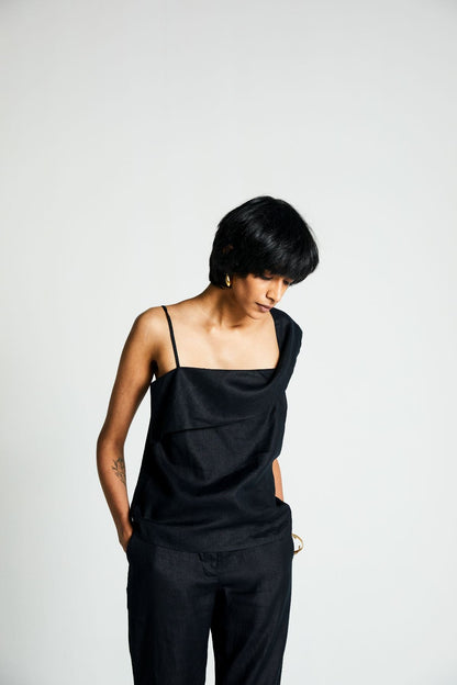 Black The Wandering Wave Top by Reistor with Black, Hemp, Hemp Noir by Reistor, Less than $50, Natural, Office Wear, Regular Fit, Solid Selfmade, Solids, Spaghettis, Tops, Womenswear at Kamakhyaa for sustainable fashion