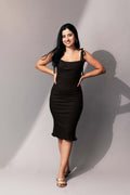 Black Midi Dress by Meko Studio with Black, Cotton, Deadstock Fabrics, Evening Wear, July Sale, July Sale 2023, Lycra, Reroot AW-21/22, Reroot by Meko Studio, Sleeveless Dresses, Slim Fit, Solids, Strap Dresses, Womenswear at Kamakhyaa for sustainable fashion