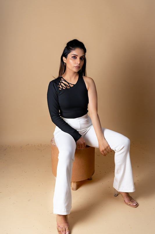 Black Off-Shoulder Top by Meko Studio with Black, Deadstock Fabrics, Evening Wear, July Sale, July Sale 2023, One Shoulder Tops, Reroot AW-21/22, Reroot by Meko Studio, Slim Fit, Solids, Womenswear at Kamakhyaa for sustainable fashion