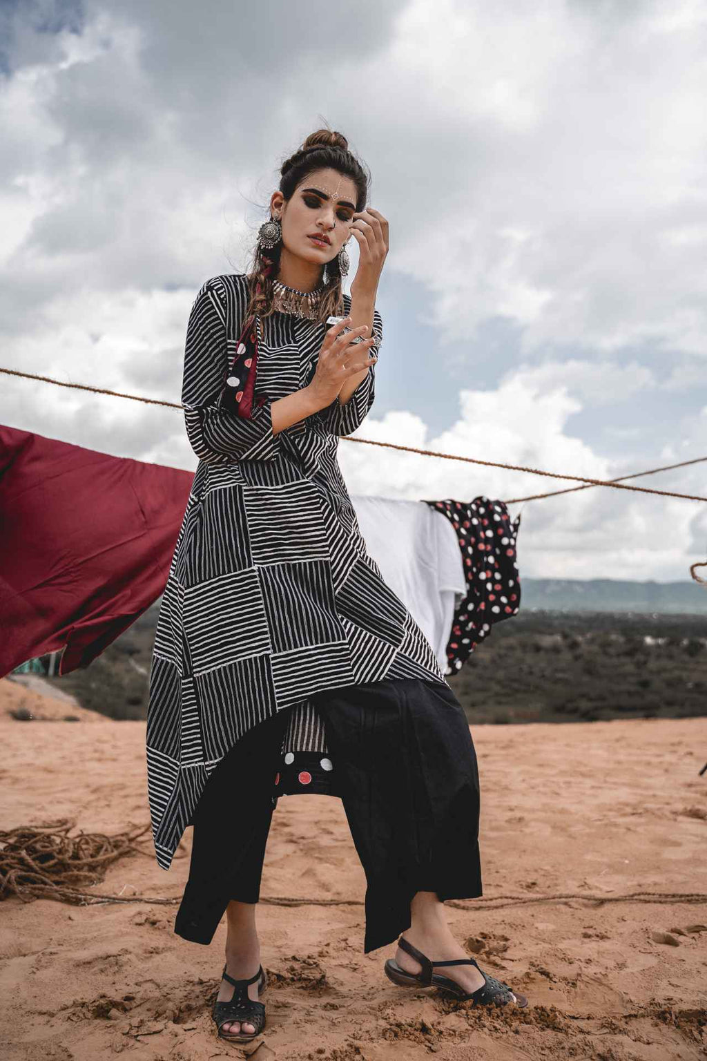 Black Block Printed Cotton Kurta With Palazzo - Set Of 2 by Keva with Black, Block Prints, Cotton, Indian Wear, Kurta Palazzo Sets, Natural, Palazzo, Relaxed Fit, Resort Wear, Wild Child, Womenswear at Kamakhyaa for sustainable fashion