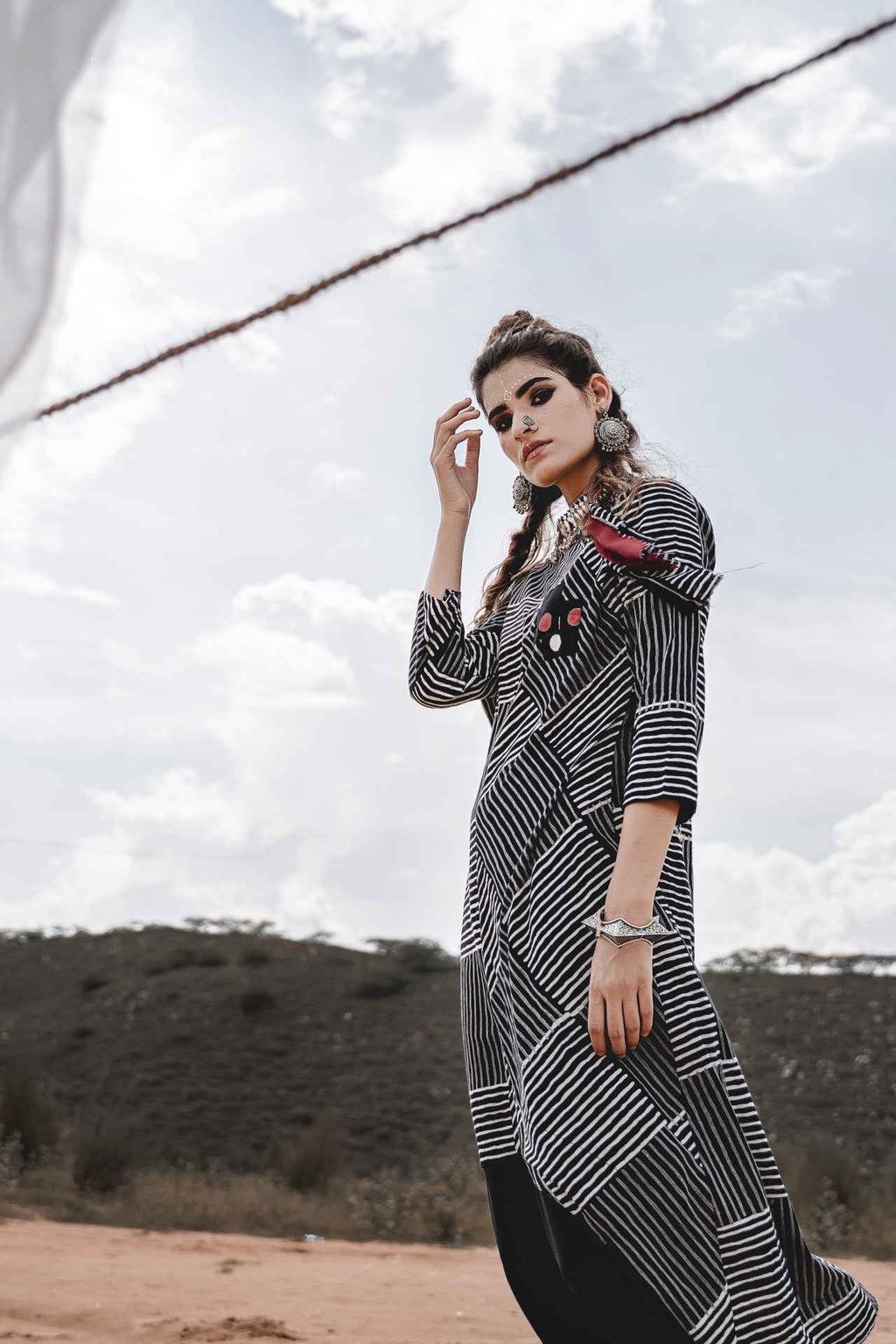 Black Block Printed Cotton Kurta With Palazzo - Set Of 2 by Keva with Black, Block Prints, Cotton, Indian Wear, Kurta Palazzo Sets, Natural, Palazzo, Relaxed Fit, Resort Wear, Wild Child, Womenswear at Kamakhyaa for sustainable fashion