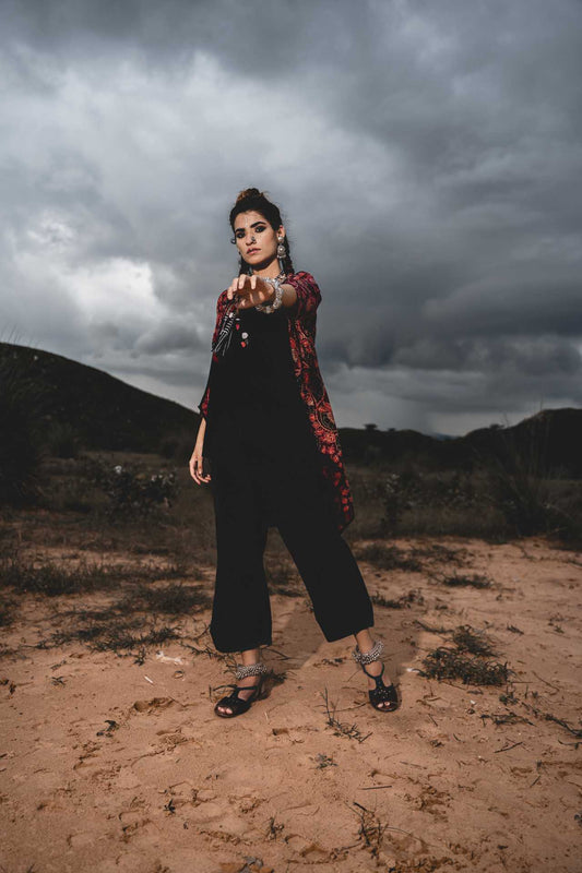Black Cotton Top With Maroon Hand Block Printed Jacket And Pants - Set Of 3 Black, Block Prints, Co-ord Sets, Cotton, Jackets, Natural, Relaxed Fit, Resort Wear, Wild Child Kamakhyaa