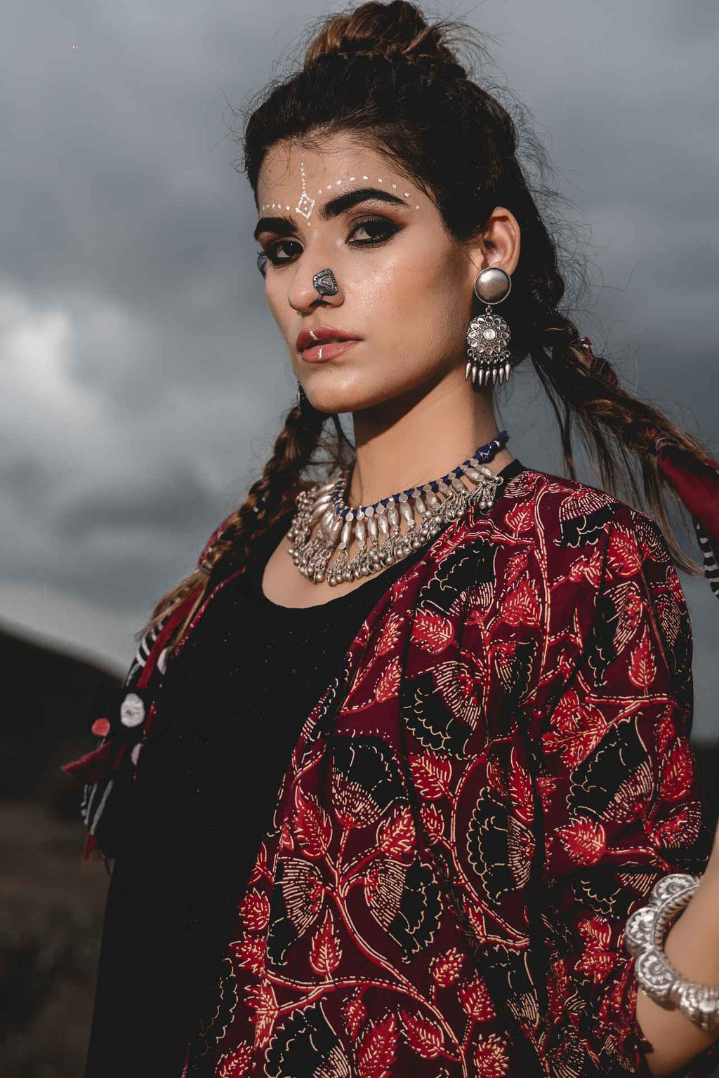 Black Cotton Top With Maroon Hand Block Printed Jacket And Pants - Set Of 3 by Keva with Black, Block Prints, Co-ord Sets, Cotton, Natural, Relaxed Fit, Resort Wear, Travel, Travel Co-ords, Wild Child, Womenswear at Kamakhyaa for sustainable fashion